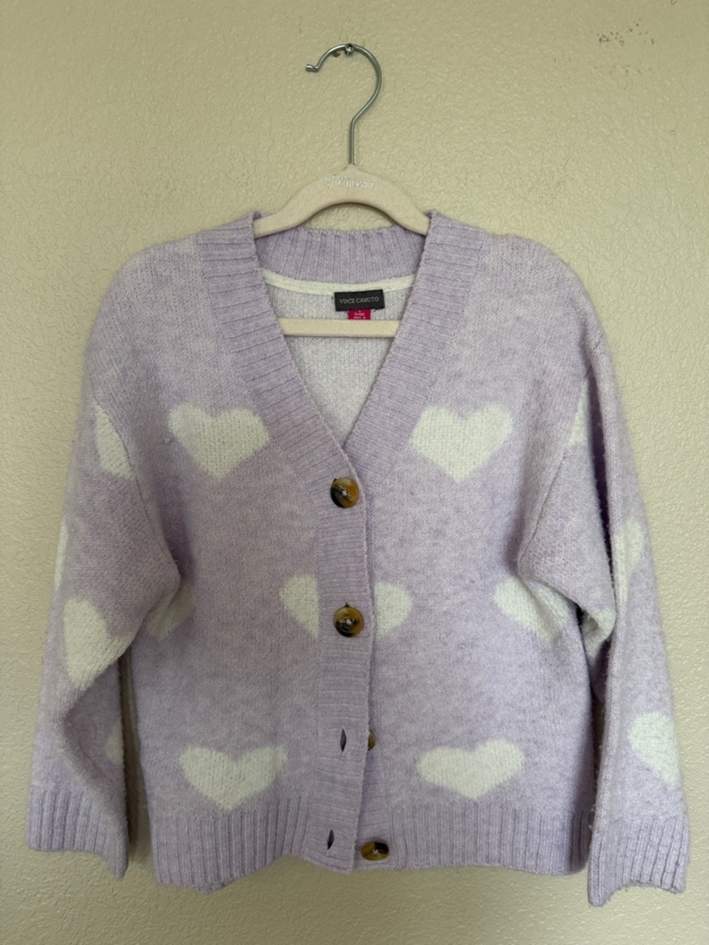 Vince Camuto Lavender and White Heart-Print Button Cardigan
